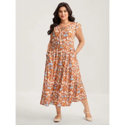 Bloomchic Women's Plus Size Rayon Floral Stretchy Waist Pockets Midi Dress Lightorange Floral Midi Casual 30/6