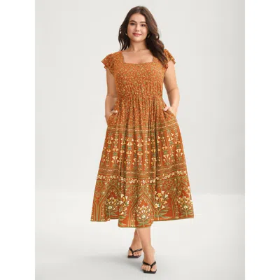 Bloomchic Women's Plus Size Rayon Garden Fresh Ruffled Sleeve Midi Dress Coral Vacation Ruffles 10/m In Orange