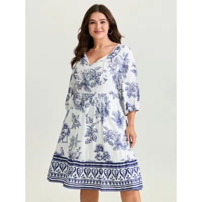 Bloomchic Women's Plus Size Rayon Gathered Lined Pockets Mini Dress Darkblue Tropical Knee Casual Tie Knot 18- In Blue
