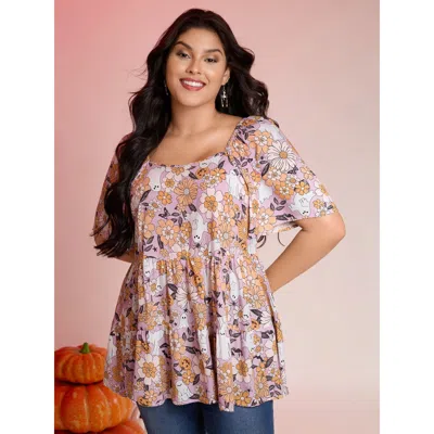 Bloomchic Women's Plus Size Rayon Halloween Floral Print Blouse Multicolor Floral Elegant Short Sleeve 10/m