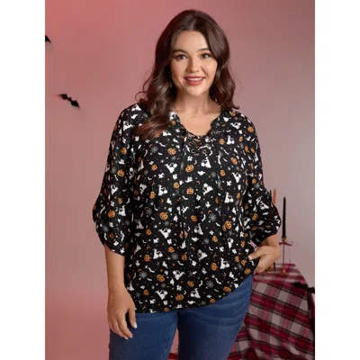 Bloomchic Women's Plus Size Rayon Halloween Print Neck Tie-up Blouse Blackflower Non Elegant 3/4 Sleeve 12/l