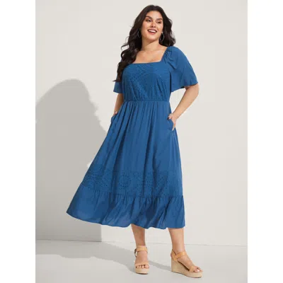 Bloomchic Women's Plus Size Rayon Lace Pleated Tiered Midi Dress Mediumblue Solid Midi Vacation Patchwork 30/6