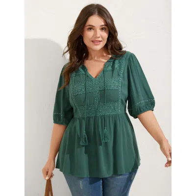 Bloomchic Women's Plus Size Rayon Lace Tassel Neck-tie Blouse Teal Solid Vacation Short Sleeve V-notch Neck 30 In Blue