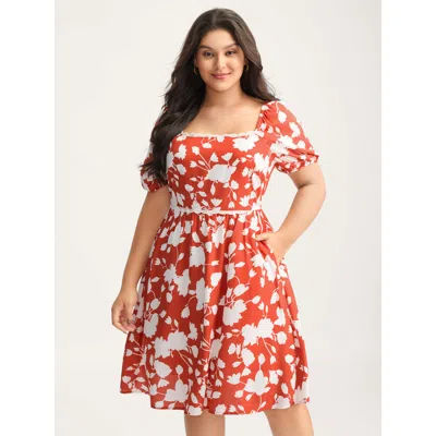 Bloomchic Women's Plus Size Rayon Lace Trim Square Neck Midi Dress Rust Floral Knee Elegant 30/6x In Brown