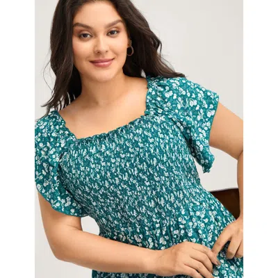 Bloomchic Women's Plus Size Rayon Layered Sleeve Shirred Midi Dress Teal Ditsy Floral Knee Elegant 30/6x In Blue