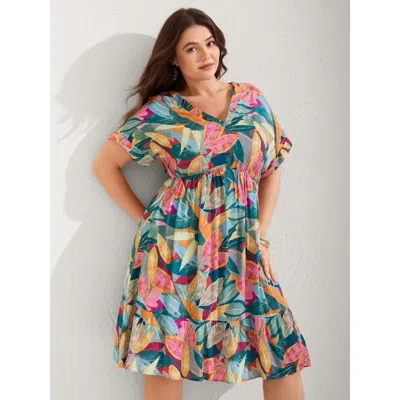 Bloomchic Women's Plus Size Rayon Leafy Print Pockets Midi Dress Teal Botanical Midi Vacation Smocked 30/6x In Blue