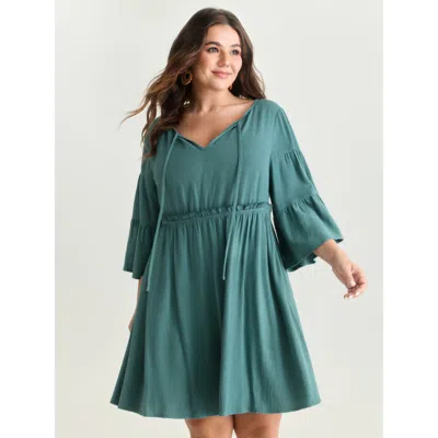 Bloomchic Women's Plus Size Rayon Linen Blend Tiered Sleeve Mini Dress Darkslategray Solid Knee Length Vacatio