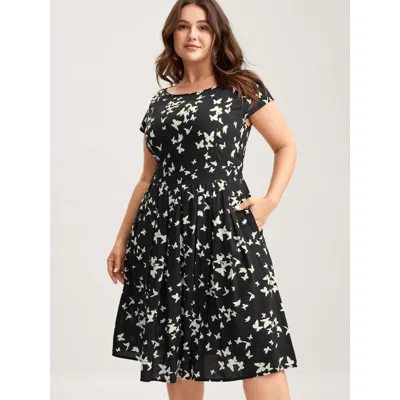 Bloomchic Women's Plus Size Rayon Monochrome Butterfly Stretchy Midi Dress Blackflower Animal Motif Knee Elega