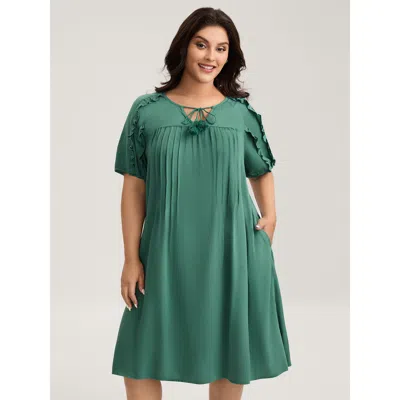 Bloomchic Women's Plus Size Rayon Neck-tie Pleated Midi Dress Teal Non Knee Casual 10/m In Blue