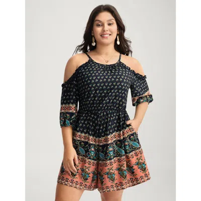 Bloomchic Women's Plus Size Rayon Off-shoulder Stretchy Boho Romper Indigo Vacation No Stretch 30/6x In Purple