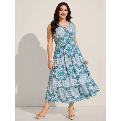 Bloomchic Women's Plus Size Rayon Paisley Print Layered Maxi Dress Arctic Ethnic Floral Midi Vacation Cut-out  In White