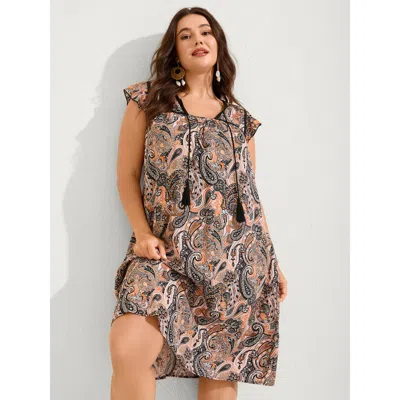 Bloomchic Women's Plus Size Rayon Paisley Print Neck Tie Mini Dress Multicolor Paisley Mini Vacation Tassels 1