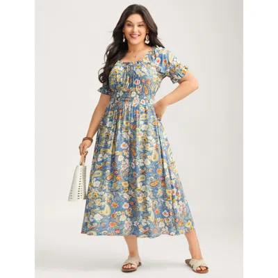 Bloomchic Women's Plus Size Rayon Paisley Ruffled Shirred Waist Midi Dress Skyblue Paisley Midi Vacation 30/6x In Blue