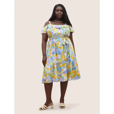 Bloomchic Women's Plus Size Rayon Pixel Flower Print Ruffles Pocket Dress Multicolor Floral Midi Vacation Non 