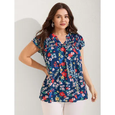 Bloomchic Women's Plus Size Rayon Playful Floral Shirred Blouse Darkblue Floral Vacation Cap Sleeve 14-16/1x In Blue