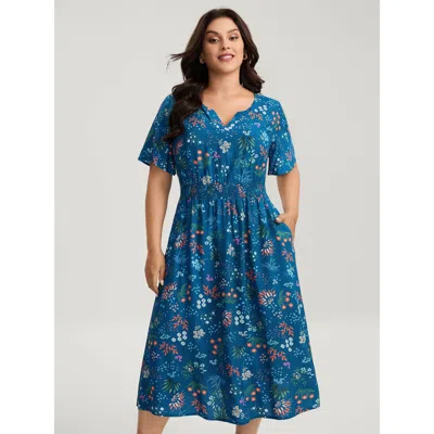 Bloomchic Women's Plus Size Rayon Playful Floral Shirred Midi Dress Mediumblue Floral Midi Elegant Smocked 30/