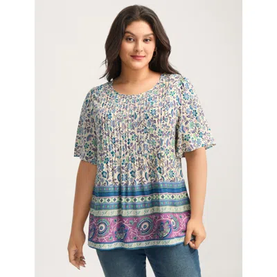 Bloomchic Women's Plus Size Rayon Pleated Floral Print Blouse Aegean Bohemian Print Vacation Half Sleeve 10/m In Blue