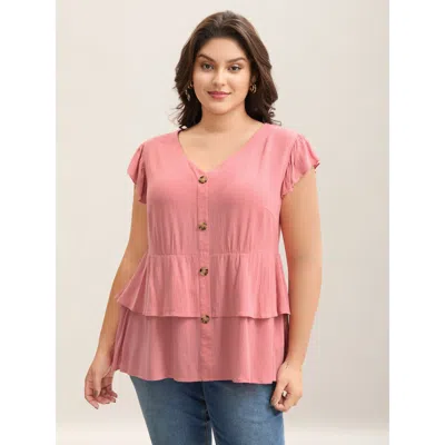 Bloomchic Women's Plus Size Rayon Ruffled Layered Hem Button Blouse Watermelon Non Elegant Cap Sleeve 12/l In Green