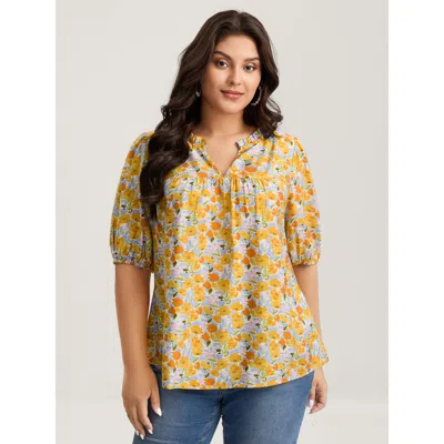 Bloomchic Women's Plus Size Rayon Ruffled Notched Collar Blouse Lightblue Ditsy Floral Elegant Short Sleeve V- In Blue