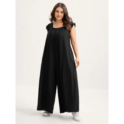 Bloomchic Women's Plus Size Rayon Shirred Flutter Sleeve Pockets Jumpsuit Black Casual 10/m