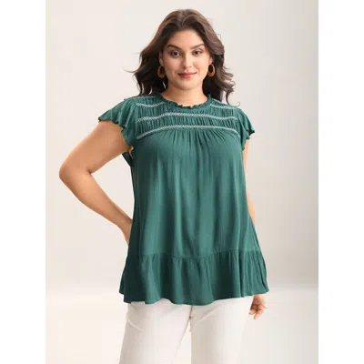 Bloomchic Women's Plus Size Rayon Shirred Neck Flutter Sleeve Tiered Blouse Teal Non Vacation Cap Sleeve 18-20 In Blue