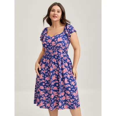 Bloomchic Women's Plus Size Rayon Silhouette Flower Ruffled Sleeve Midi Dress Multicolor Floral Knee Elegant P