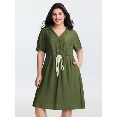 Bloomchic Women's Plus Size Rayon Slub Waist-tie Button Mini Dress Moss Non Knee Casual Tie Knot 30/6x In Green