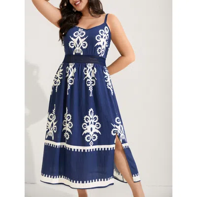 Bloomchic Women's Plus Size Rayon Stretchy Waist Boho Slit Midi Dress Indigo Batik Print/jacquard Matrix Midi  In Purple