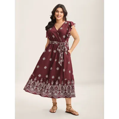 Bloomchic Women's Plus Size Rayon Stretchy Waist Pockets Flutter Maxi Dress Burgundy Vacation Lace-up 28/5x