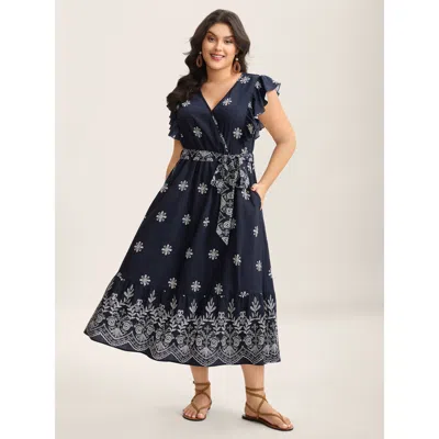 Bloomchic Women's Plus Size Rayon Stretchy Waist Pockets Flutter Maxi Dress Indigo Vacation Lace-up 10/m In Purple