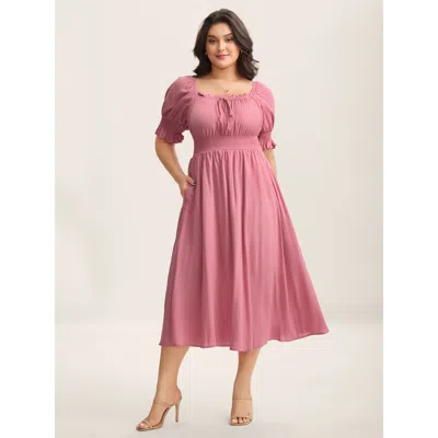 Bloomchic Women's Plus Size Rayon Stretchy Waist Pockets Milkmaid Dress Watermelon Solid Midi Elegant Bowknot  In Green