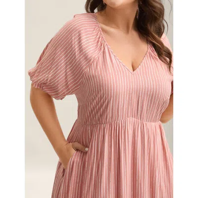 Bloomchic Women's Plus Size Rayon Stripe Print Puff Sleeve A-line Dress Lightpink Stripes Midi Vacation Gather