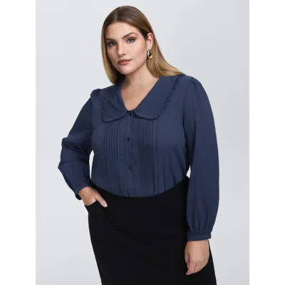 Bloomchic Women's Plus Size Rayon Textured Semi Sheer Placket Blouse Darkblue Non Office Long Sleeve 10/m In Blue