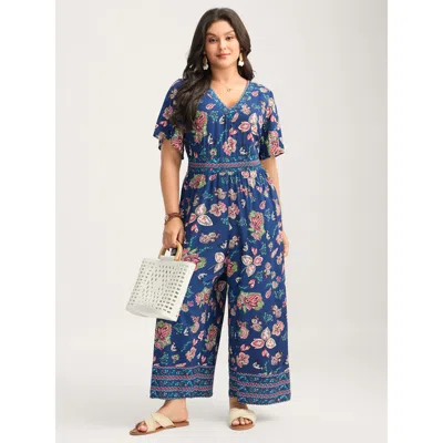 Bloomchic Women's Plus Size Rayon Tropical Vibes Pockets Jumpsuit Darkblue Vacation 30/6x In Blue
