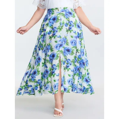 Bloomchic Women's Plus Size Refreshing Floral Print Slit Maxi Skirt Beige Gathered A-line Elegant 10/m In Sand