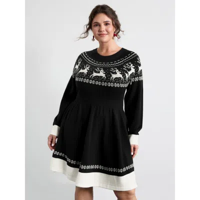 Bloomchic Women's Plus Size Reindeer Print Cinched-waist Sweater Mini Dress Black Christmas Mini Colorblock 18