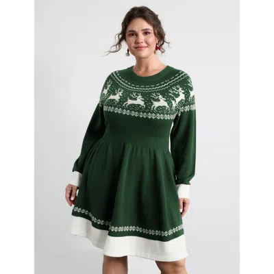 Bloomchic Women's Plus Size Reindeer Print Cinched-waist Sweater Mini Dress Darkgreen Christmas Mini Colorbloc In Green