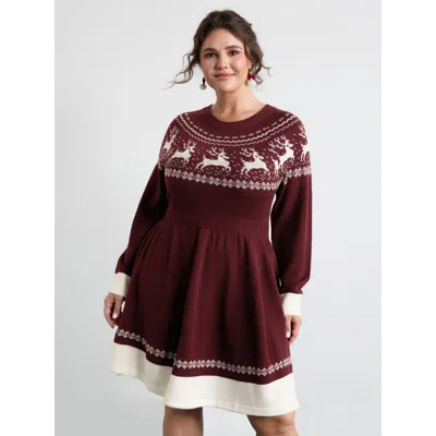 Bloomchic Women's Plus Size Reindeer Print Cinched-waist Sweater Mini Dress Deepred Christmas Mini Colorblock  In Red