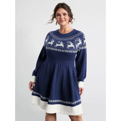 Bloomchic Women's Plus Size Reindeer Print Cinched-waist Sweater Mini Dress Indigo Christmas Mini Colorblock 1 In Purple