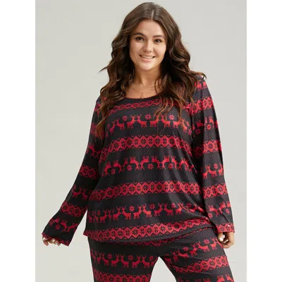 Bloomchic Women's Plus Size Reindeer Print Round Neck Pajama Top Black Graphic-christmas Long Sleeve 12/l