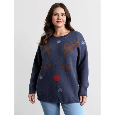 Bloomchic Women's Plus Size Reindeer Snowy Round Neck Pullover Indigo Christmas Long Sleeve 26/4x In Purple