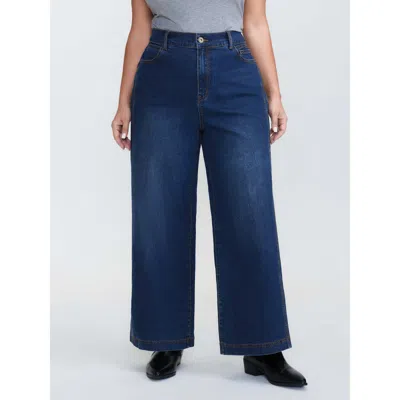 Bloomchic Women's Plus Size Relaxed-fit Back Elastic Waist Wide-leg Jeans Denimindigo Not Graphics Non Wide Le