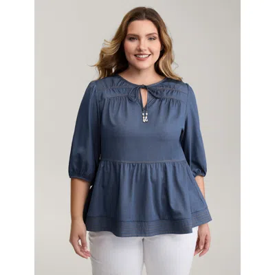 Bloomchic Women's Plus Size Relaxed-fit Denim-style Neck Tie Blouse Darkblue Non Casual 3/4 Sleeve 10/m In Blue
