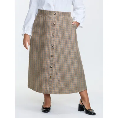 Bloomchic Women's Plus Size Retro Check Pattern Button Decor Midi Skirt Yellowishbrown A-line Elegant 22-24/3x