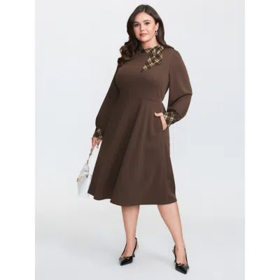 Bloomchic Women's Plus Size Retro Checkered Mock Neck Midi Dress Darkbrown Plaid Midi Elegant Bowknot 10/m In Brown