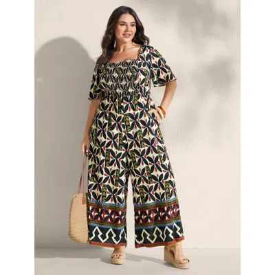 Bloomchic Women's Plus Size Retro Chic Print Shirred Bodice Jumpsuit Multicolor Vacation 10/m