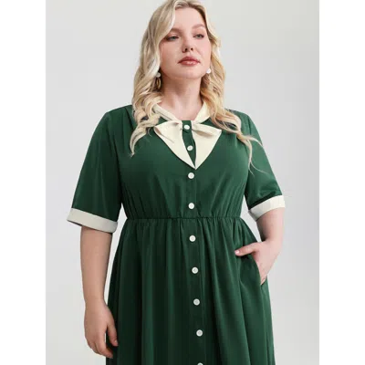 Bloomchic Women's Plus Size Retro Color Contrast Floating Collar Midi Dress Darkgreen Non Midi Elegant Colorbl In Green