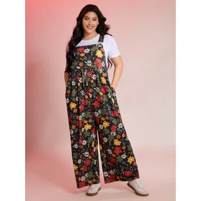 Bloomchic Women's Plus Size Retro Fall Print Relaxed Fit Jumpsuit Black Casual 10/m