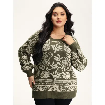 Bloomchic Women's Plus Size Retro Floral Jacquard Lantern Sleeve Cardigan Armygreen Long Sleeve 12/l
