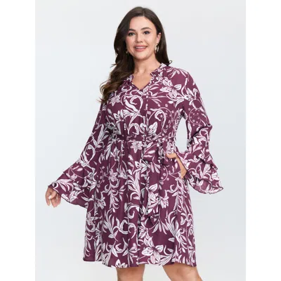 Bloomchic Women's Plus Size Retro Floral Print A-line Mini Dress Darkbrown Ditsy Floral Short Elegant Colorblo In Brown